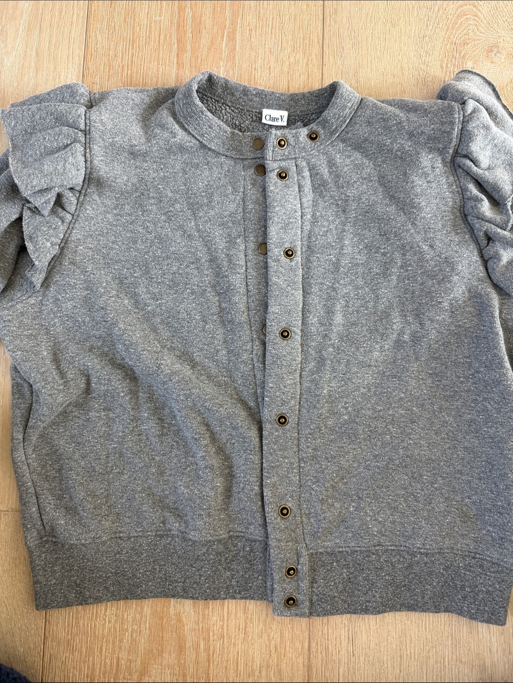 Clare V Heather Gray Ruffle-Shoulder Snap Cardigan